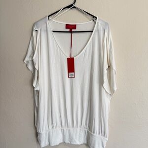 NWT Jennifer Lopez Cream Shirt with Hip Band Sz L Split Sleeves Low Scoop Neck
